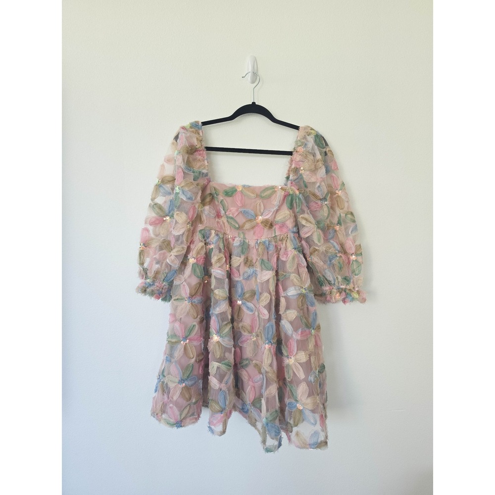 Storia Pastel 3D Floral Mesh Mini Dress Puff Sleeve Sequin Babydoll Size Medium